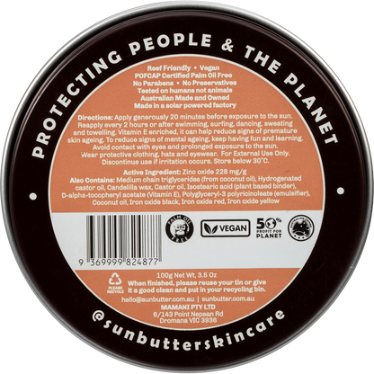 Back of SunButter SPF50 Tinted Sunscreen tin showing ingredients, directions, and barcode on a white background.