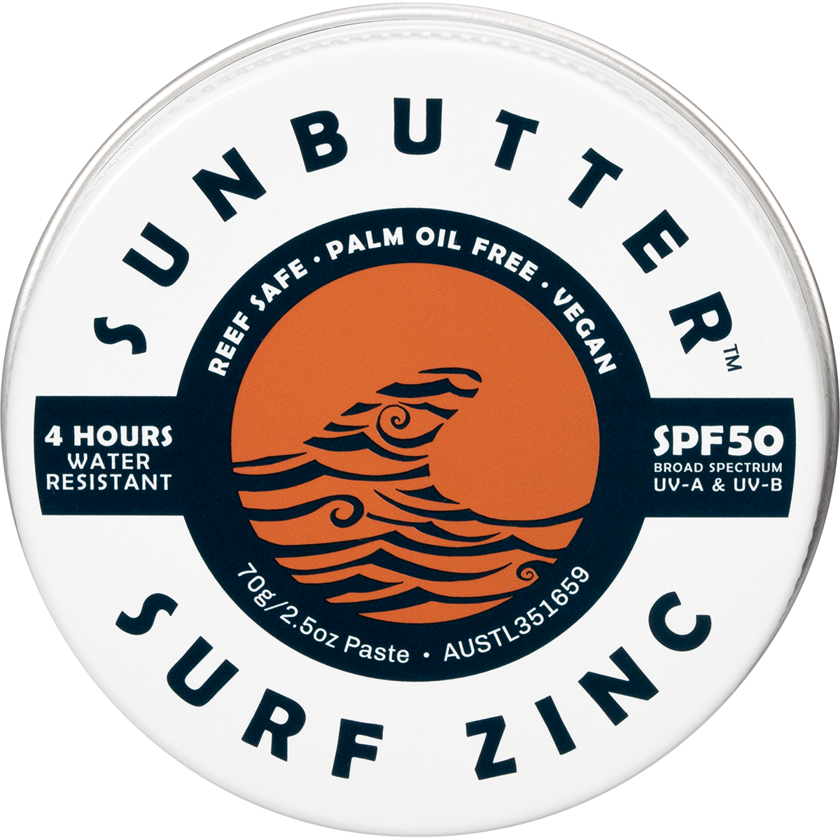 70g tin of SunButter SPF50 Surf Zinc with a tan-colored label featuring a wave design and plastic-free packaging.
