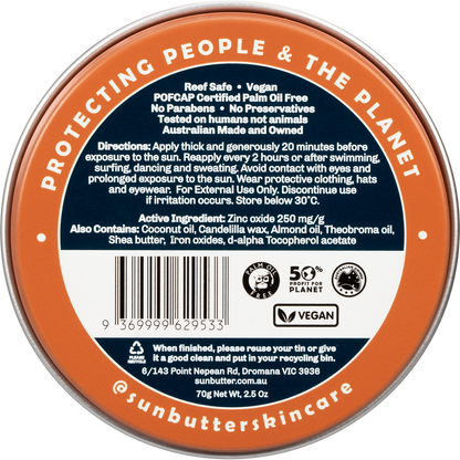 Back of a SunButter SPF50 Surf Zinc tin with ingredients, barcode, and Australian-made logo on a white background.