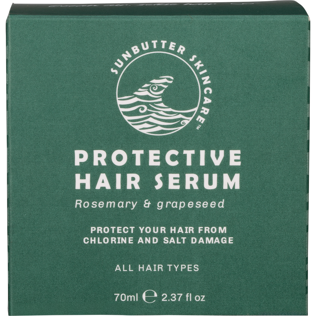 70ml tin of SunButter Protective Hair Serum with a white and blue label featuring rosemary and waves.