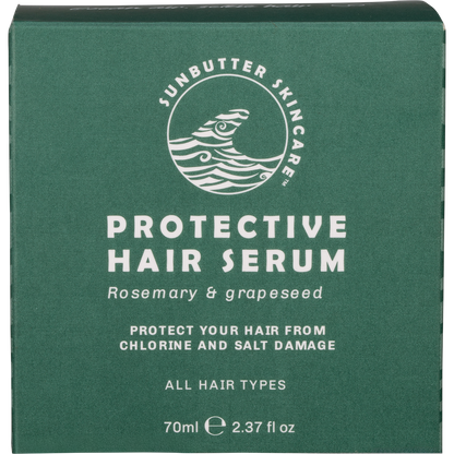 70ml tin of SunButter Protective Hair Serum with a white and blue label featuring rosemary and waves.