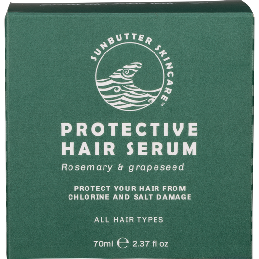 70ml tin of SunButter Protective Hair Serum with a white and blue label featuring rosemary and waves.