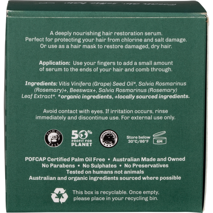 Back of SunButter Protective Hair Serum tin showing directions, ingredients list, and 70ml size on a white background.