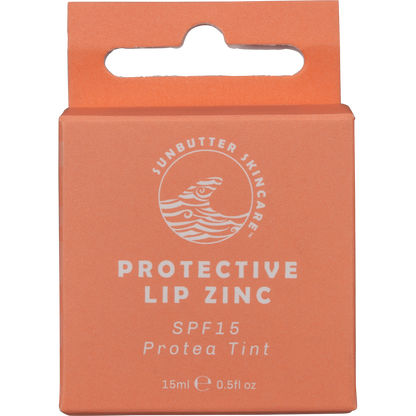 SunButter SPF15 Protea Lip Zinc 15ml pink circular tin with a floral protea illustration on the lid.