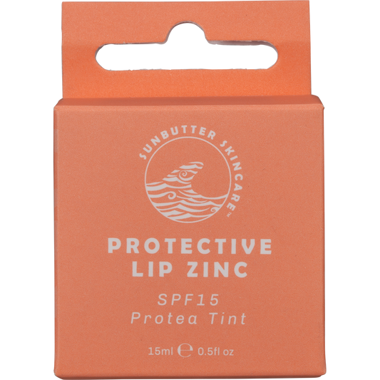 SunButter SPF15 Protea Lip Zinc 15ml pink circular tin with a floral protea illustration on the lid.