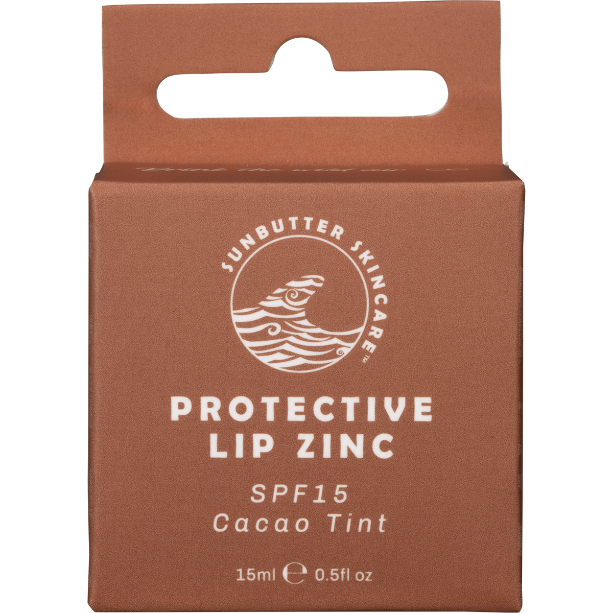 Small circular metal tin of SunButter Cacao Lip Zinc with a brown and white label.