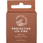 Small circular metal tin of SunButter Cacao Lip Zinc with a brown and white label.