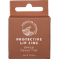 Small circular metal tin of SunButter Cacao Lip Zinc with a brown and white label.