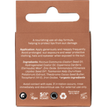 Back of SunButter Cacao Lip Zinc tin with ingredient list, SPF15, and cruelty-free symbols.