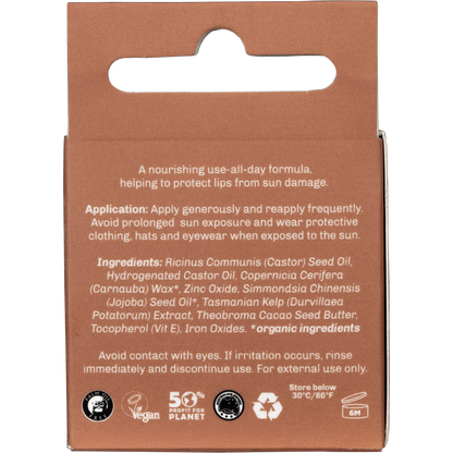 Back of SunButter Cacao Lip Zinc tin with ingredient list, SPF15, and cruelty-free symbols.