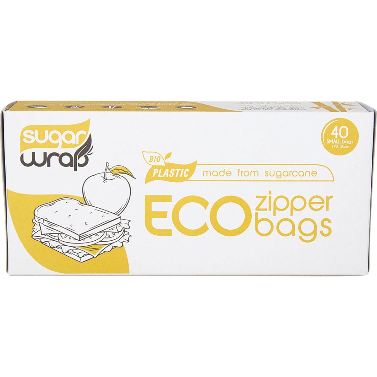 Box of 40 small SugarWrap eco zipper bags made from sustainable sugarcane for food storage.