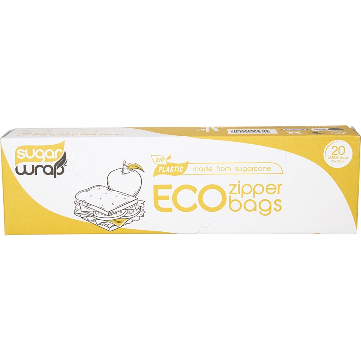 Box of 20 large SugarWrap eco-friendly zipper bags made from sustainable sugarcane with a green and white design.