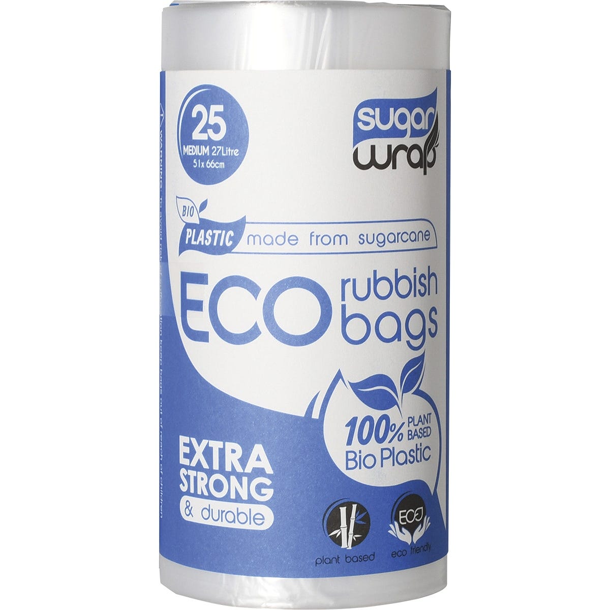 25-pack of SugarWrap medium 27L eco rubbish bags made from sugarcane in a green and white box.