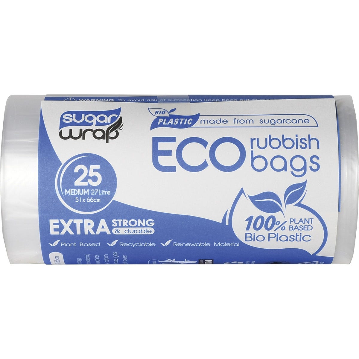 SugarWrap Eco Rubbish Bags Made from Sugarcane Medium 27L 25 Pack