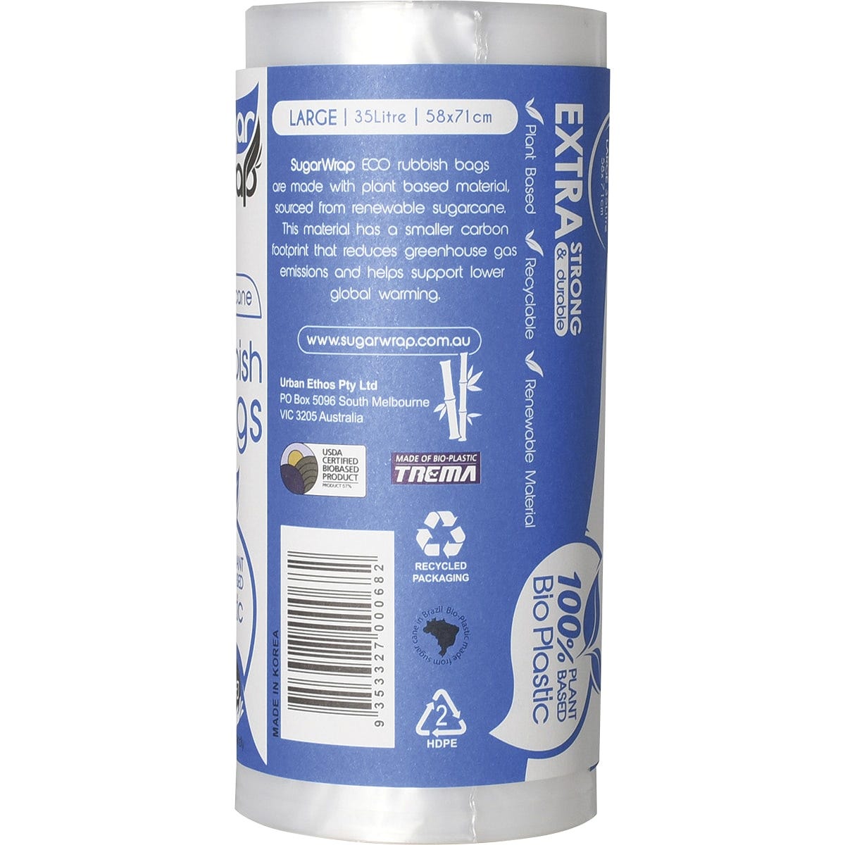 Back of SugarWrap 35L eco rubbish bags box showing product features and sugarcane sustainability details.
