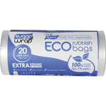 Side view of a SugarWrap 35L eco rubbish bags box highlighting its thick, durable, and leak-proof features.