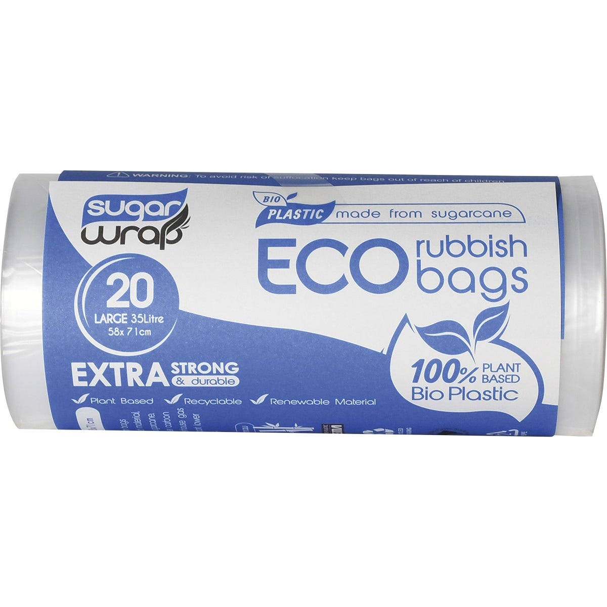 Side view of a SugarWrap 35L eco rubbish bags box highlighting its thick, durable, and leak-proof features.