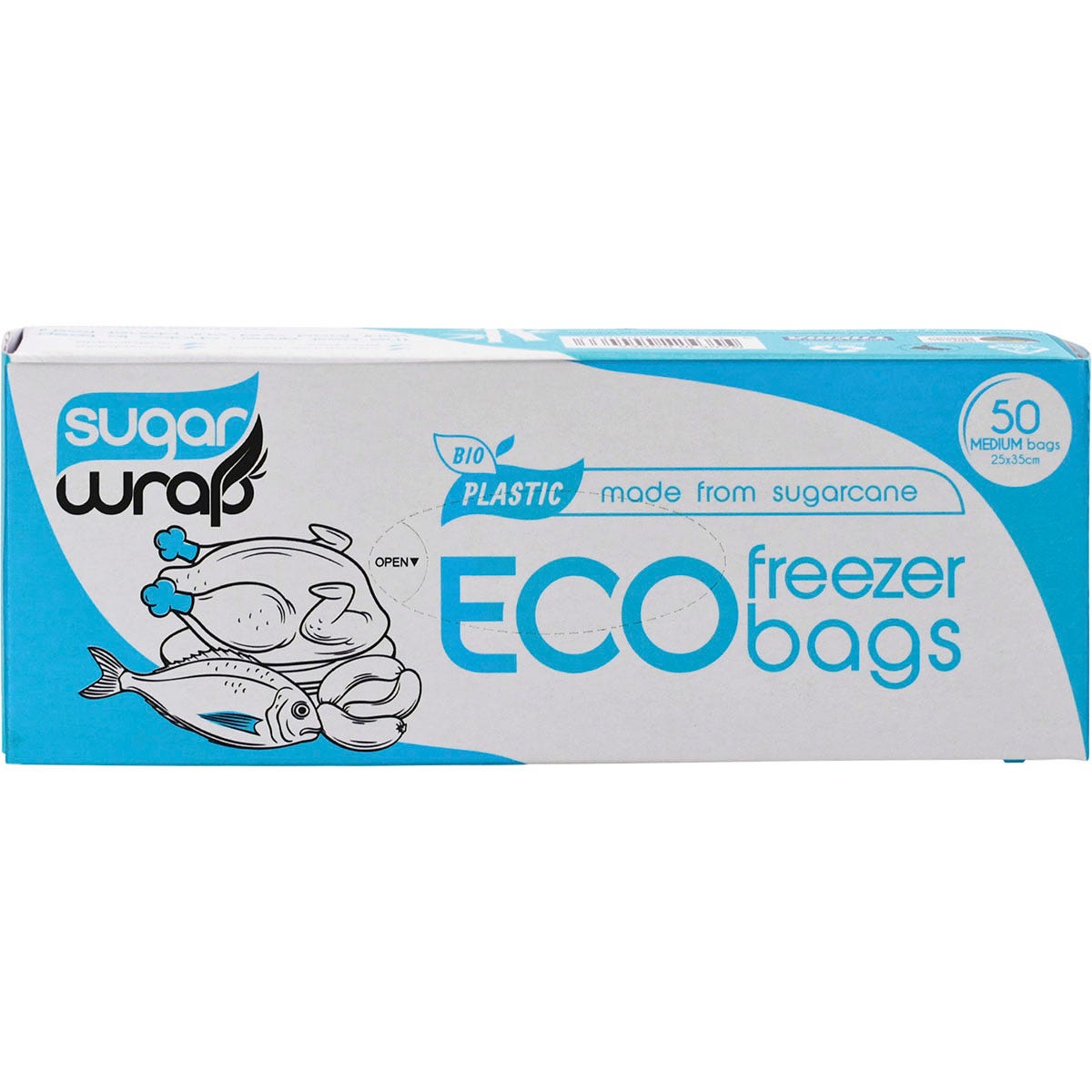 Box of 50 medium SugarWrap Eco Freezer Bags made from 100% sugarcane, featuring a green and white eco-friendly design.