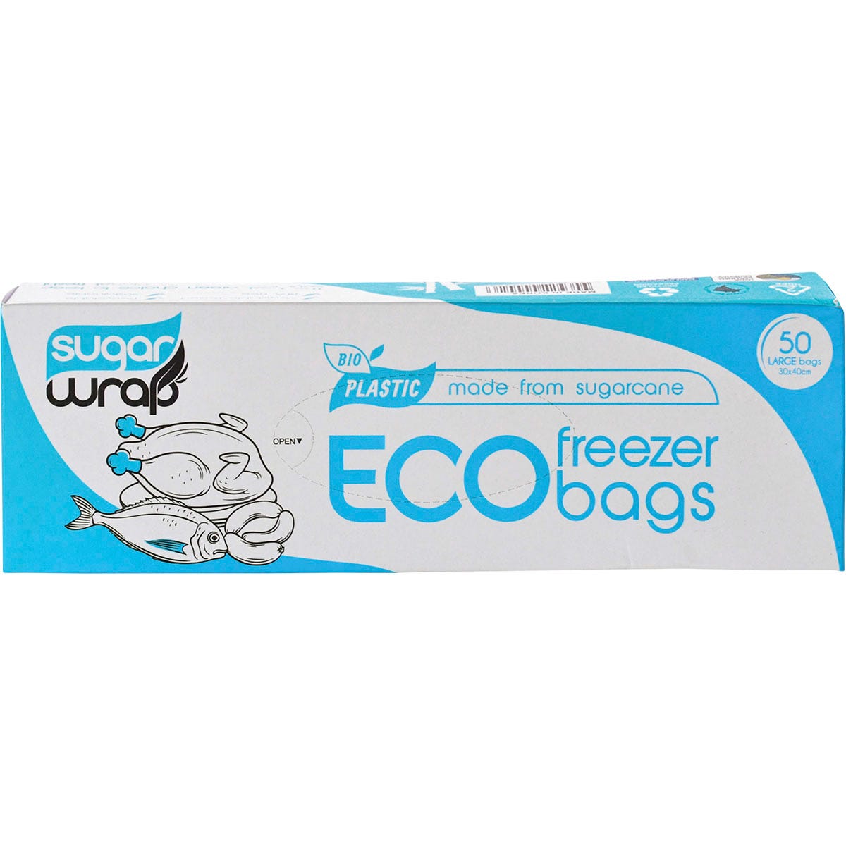 50-pack of SugarWrap large eco freezer bags made from sustainable sugarcane in a green and white cardboard box.