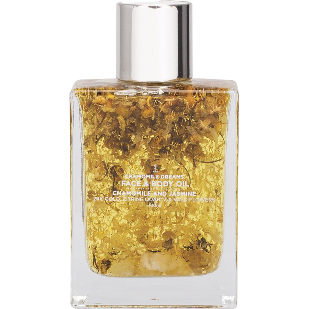 Summer Salt Body 100ml face and body oil bottle with 24K gold flakes, chamomile flowers, and citrine quartz.