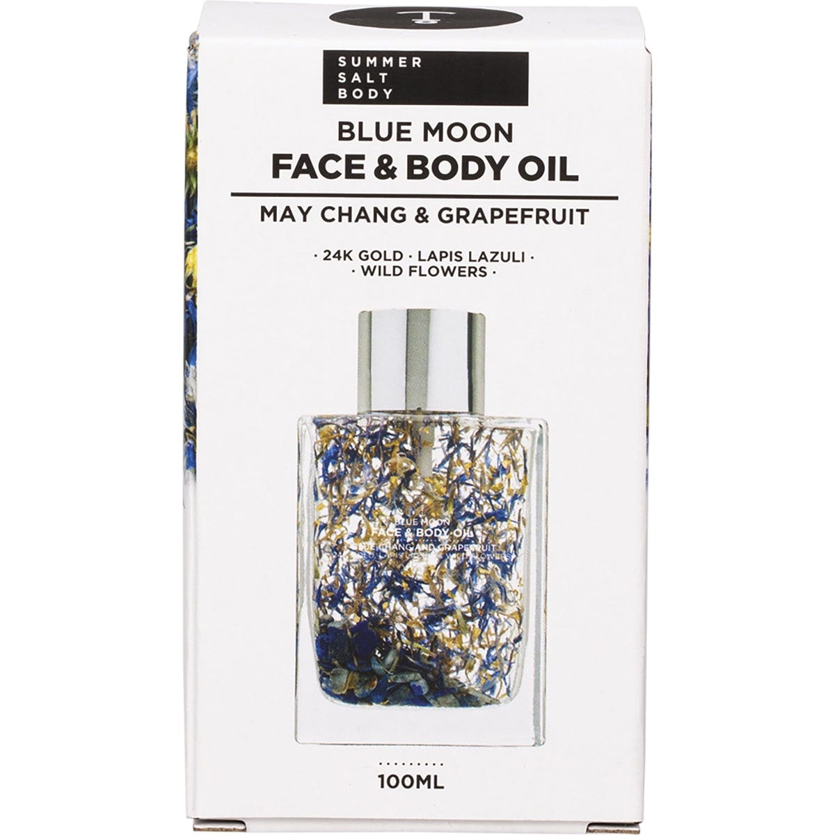 Blue Moon Face and Body Oil in a white gift box with floral illustrations and a gold label.