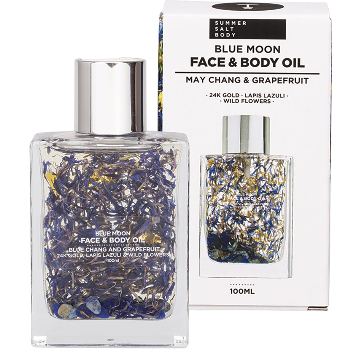 Summer Salt Body Blue Moon face and body oil bottle with 24K gold flakes and blue crystals next to its gift box.
