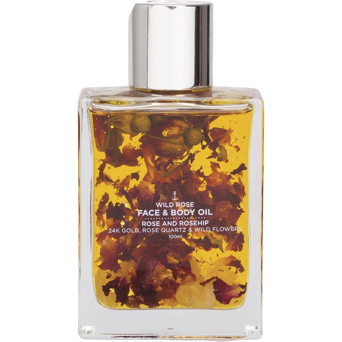 Summer Salt Body Wild Rose Face and Body Oil 100ml glass bottle with 24K gold and rose quartz on a white background.