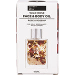 White Summer Salt Body Wild Rose Face and Body Oil retail box featuring floral illustrations and 100ml product details.