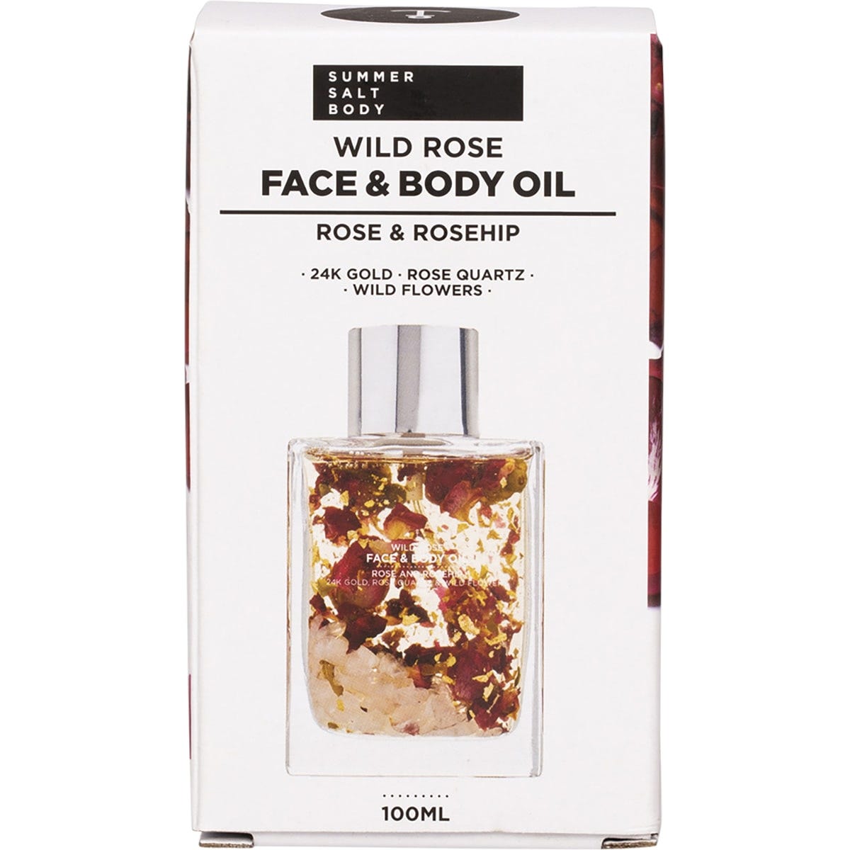 White Summer Salt Body Wild Rose Face and Body Oil retail box featuring floral illustrations and 100ml product details.