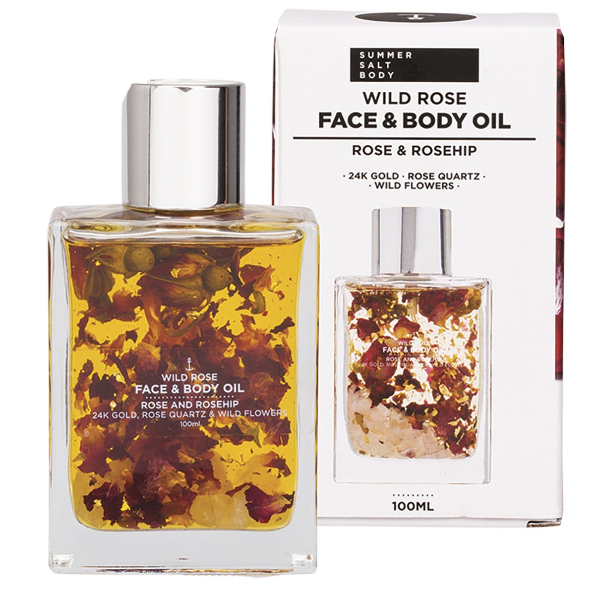Summer Salt Body Wild Rose Face and Body Oil 100ml bottle and box with 24K gold and rose quartz on a white background.