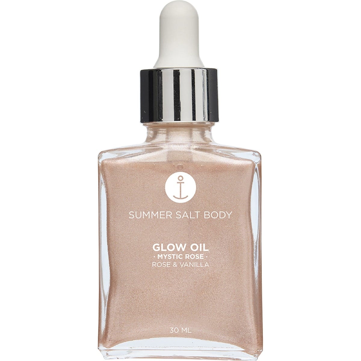 Summer Salt Body 30ml Mystic Rose and Vanilla Glow Oil glass bottle with a gold-labeled pump.