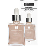Mystic Rose & Vanilla 30ml Summer Salt Body Glow Oil bottle next to its pink floral packaging.