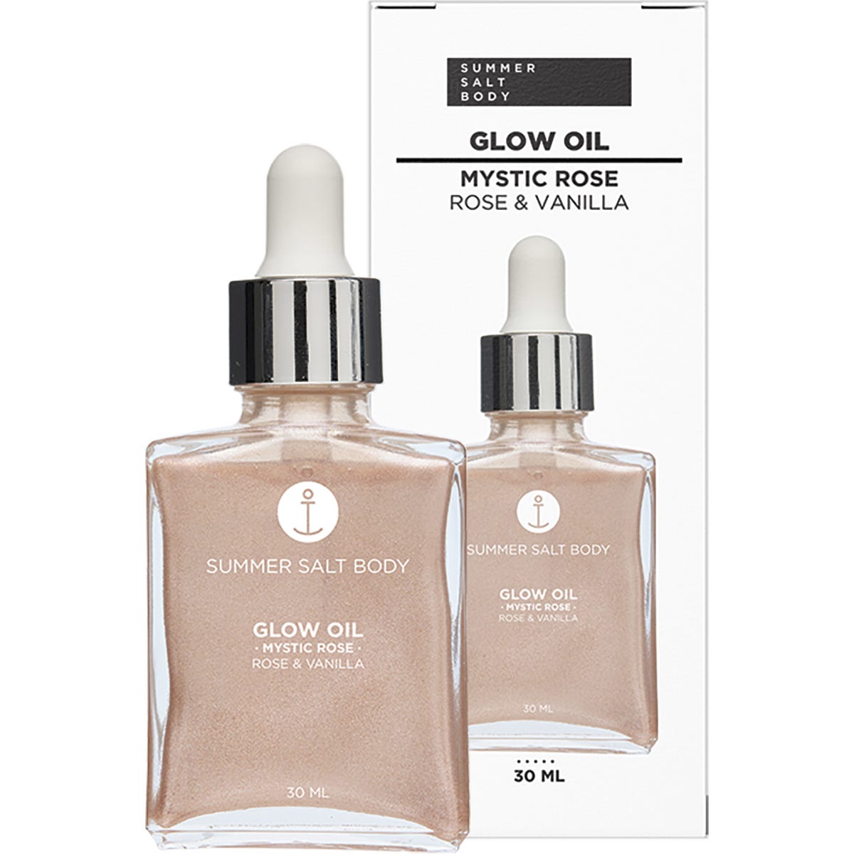 Mystic Rose & Vanilla 30ml Summer Salt Body Glow Oil bottle next to its pink floral packaging.
