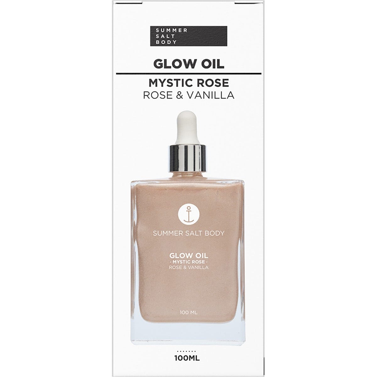 Retail box of Summer Salt Body Mystic Rose Glow Oil with rose and vanilla botanical illustrations.