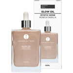 Summer Salt Body Mystic Rose Glow Oil 100ml bottle and packaging box featuring rose and vanilla botanical illustrations.