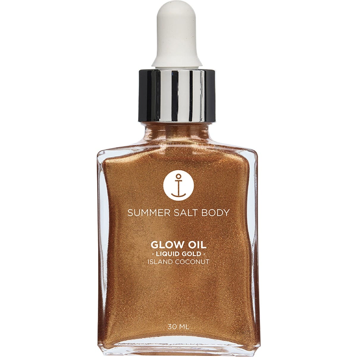 Summer Salt Body 30ml Liquid Gold Glow Oil glass bottle with a gold dropper cap and shimmering coconut-scented formula.