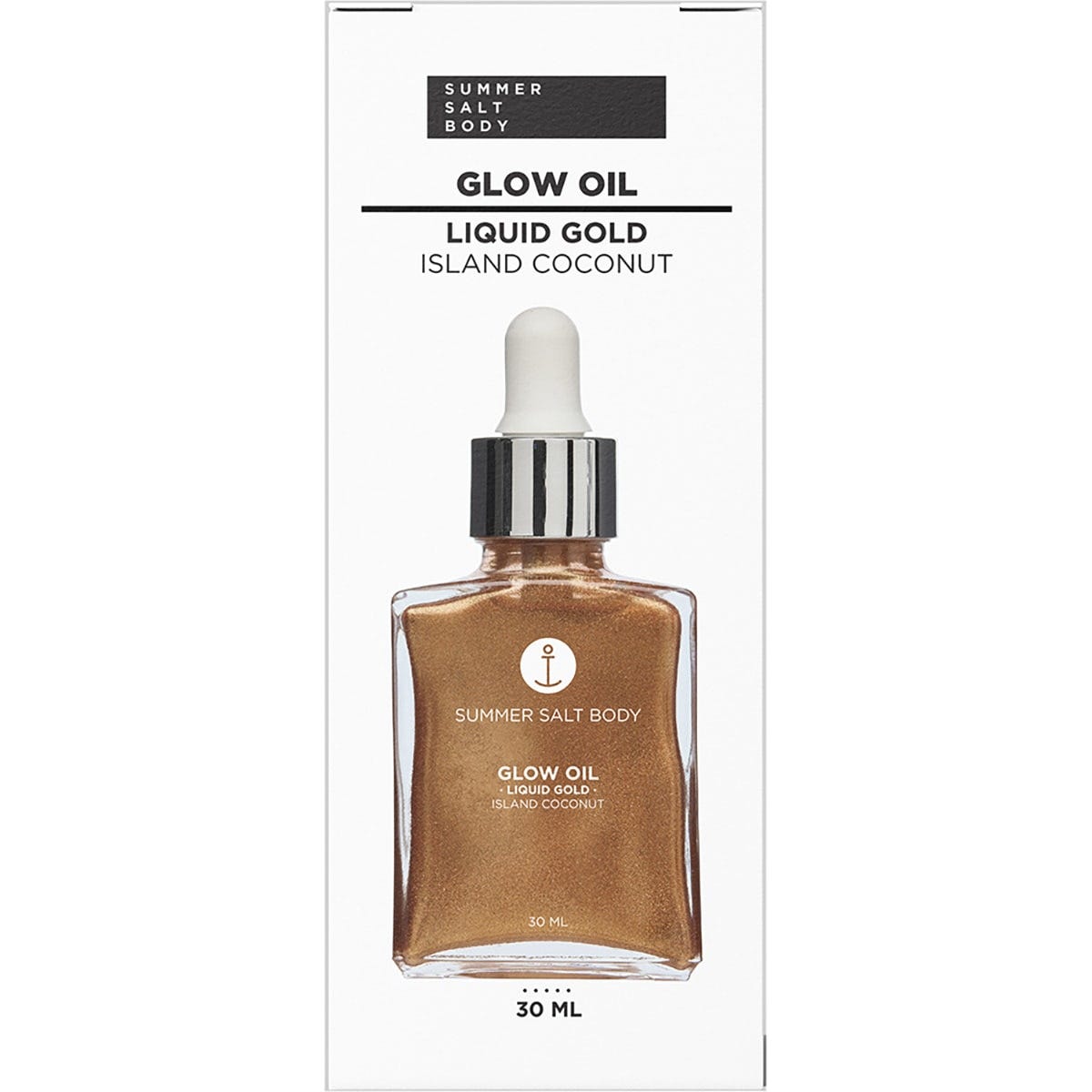 Summer Salt Body Liquid Gold Glow Oil 30ml retail box with tropical leaf patterns on a white background.