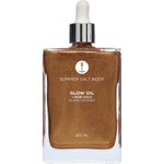 100ml glass bottle of Summer Salt Body Liquid Gold Island Coconut Glow Oil with a dropper on a white background.