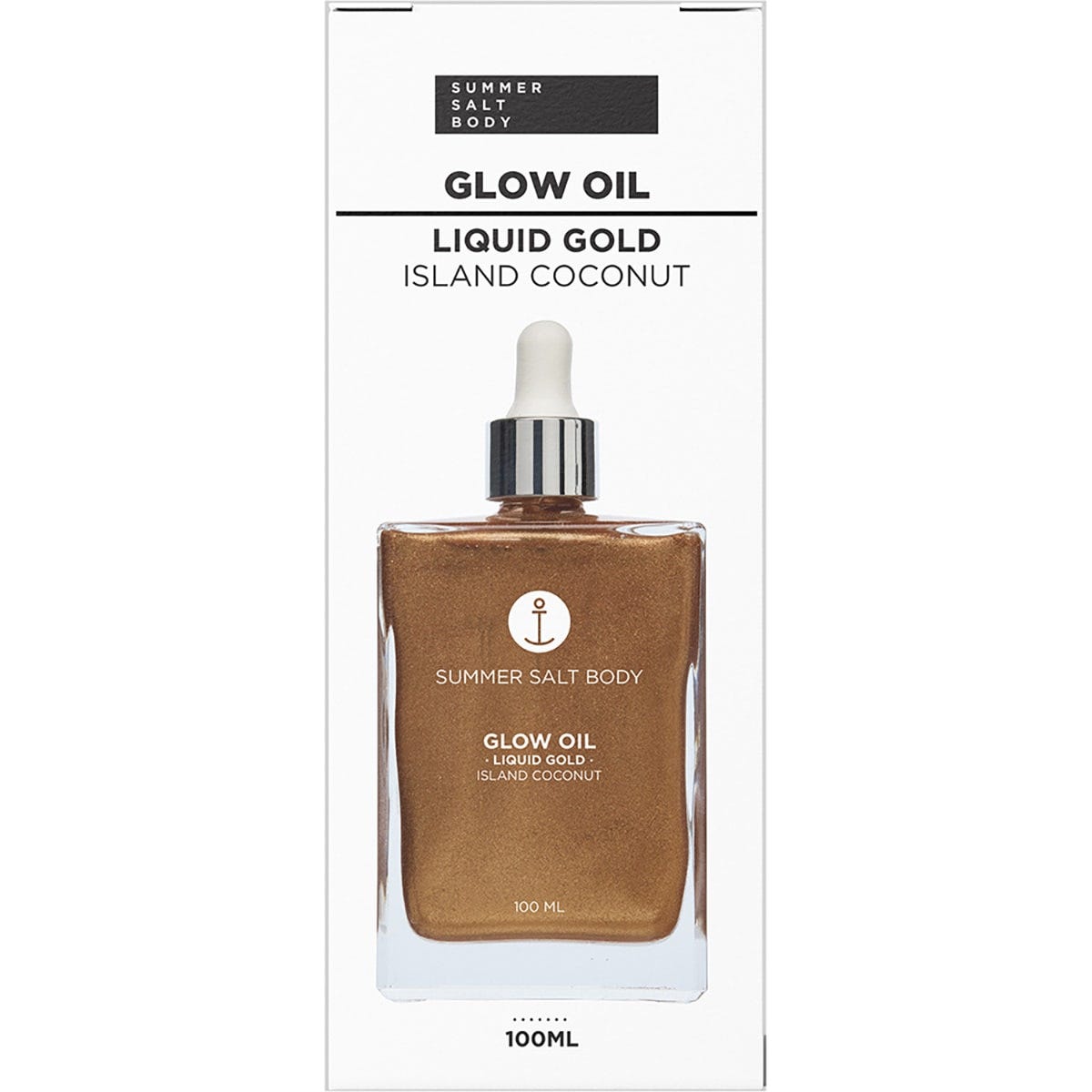 White and gold retail box for Summer Salt Body Island Coconut Glow Oil on a white background.