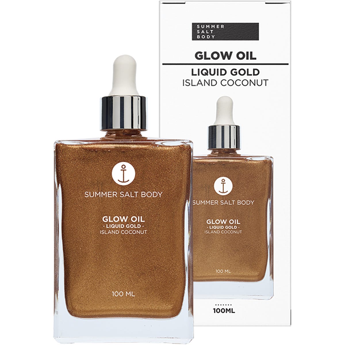 Bottle of Summer Salt Body Liquid Gold Glow Oil next to its white and gold packaging on a white background.