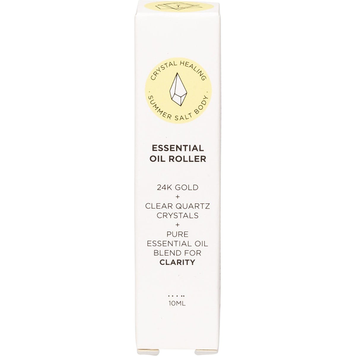 White retail box for Summer Salt Body Clarity Essential Oil Roller featuring green botanical illustrations.