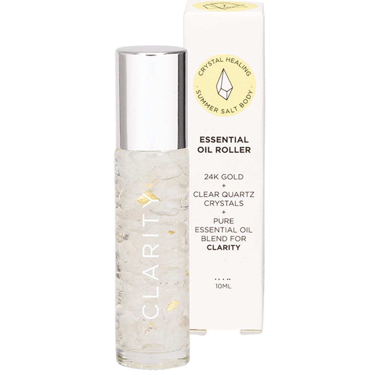 10ml Summer Salt Body essential oil roller with clear quartz crystals and 24K gold flakes, including its packaging box.