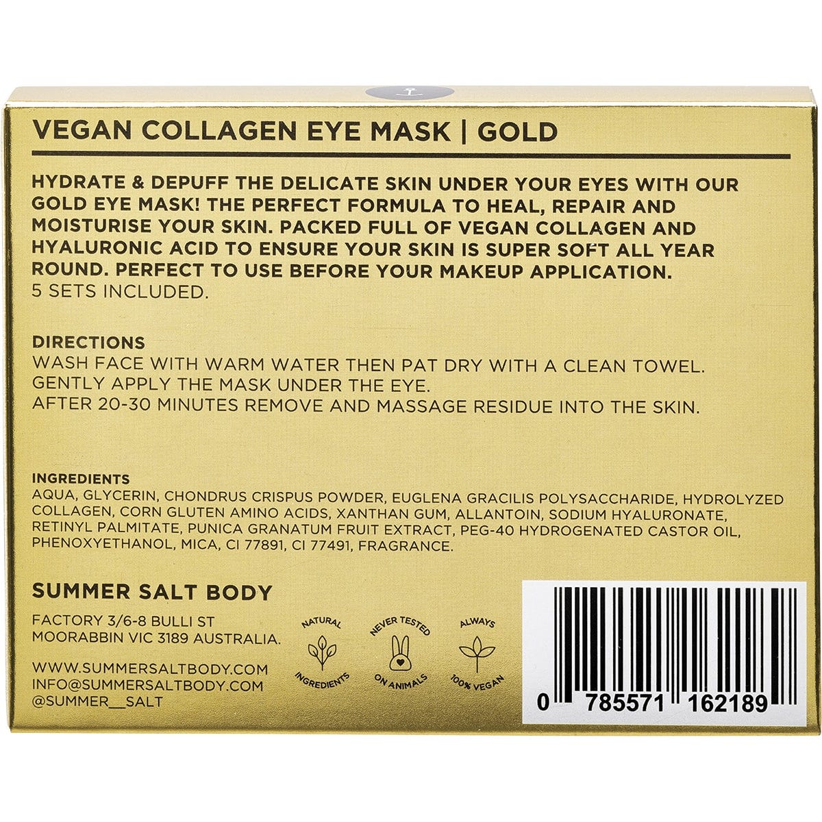 Back of a Summer Salt Body Vegan Collagen Eye Mask 5-pack pouch with product details and directions for use.