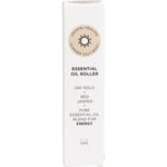 Front of a white Summer Salt Body Energy essential oil roller box with orange and gold text on a white background.