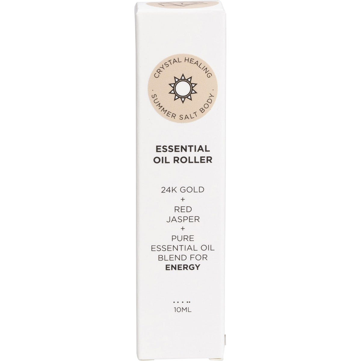 Front of a white Summer Salt Body Energy essential oil roller box with orange and gold text on a white background.