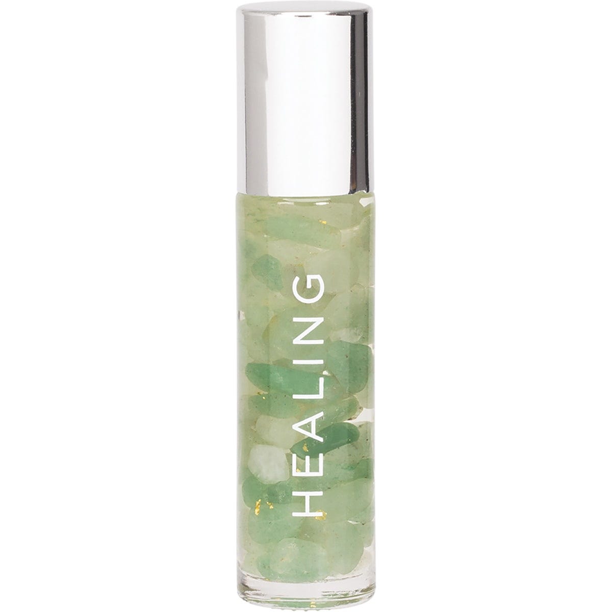 Summer Salt Body 24K Gold Healing essential oil roller with aventurine crystals on a white background.