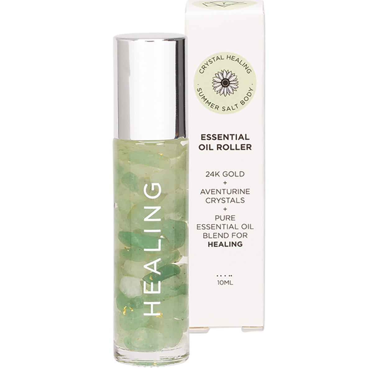 Summer Salt Body 24K Gold Healing essential oil roller and aventurine crystals with its decorative box.