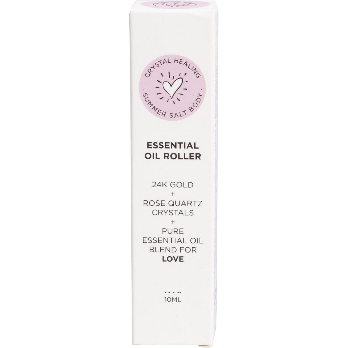 Pink and gold essential oil roller box featuring rose quartz and 24K gold branding on a white background.