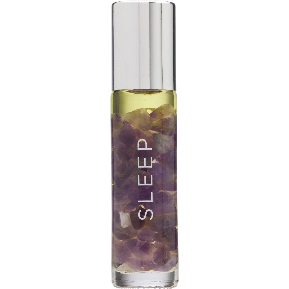 10ml Summer Salt Body 24K Gold Sleep oil roller with an amethyst rollerball and purple crystals in a glass bottle.