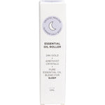 Summer Salt Body Sleep oil roller 10ml glass bottle and purple floral box on a white background.